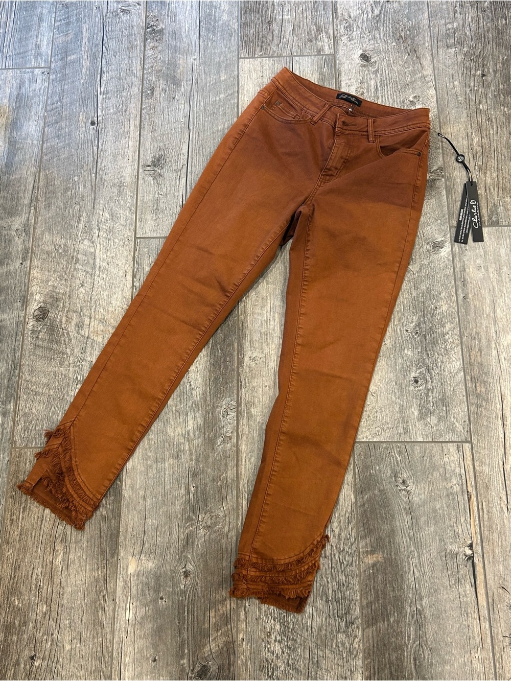 Charlie B High-Rise Skinny Jeans in Rust with Frayed Hem